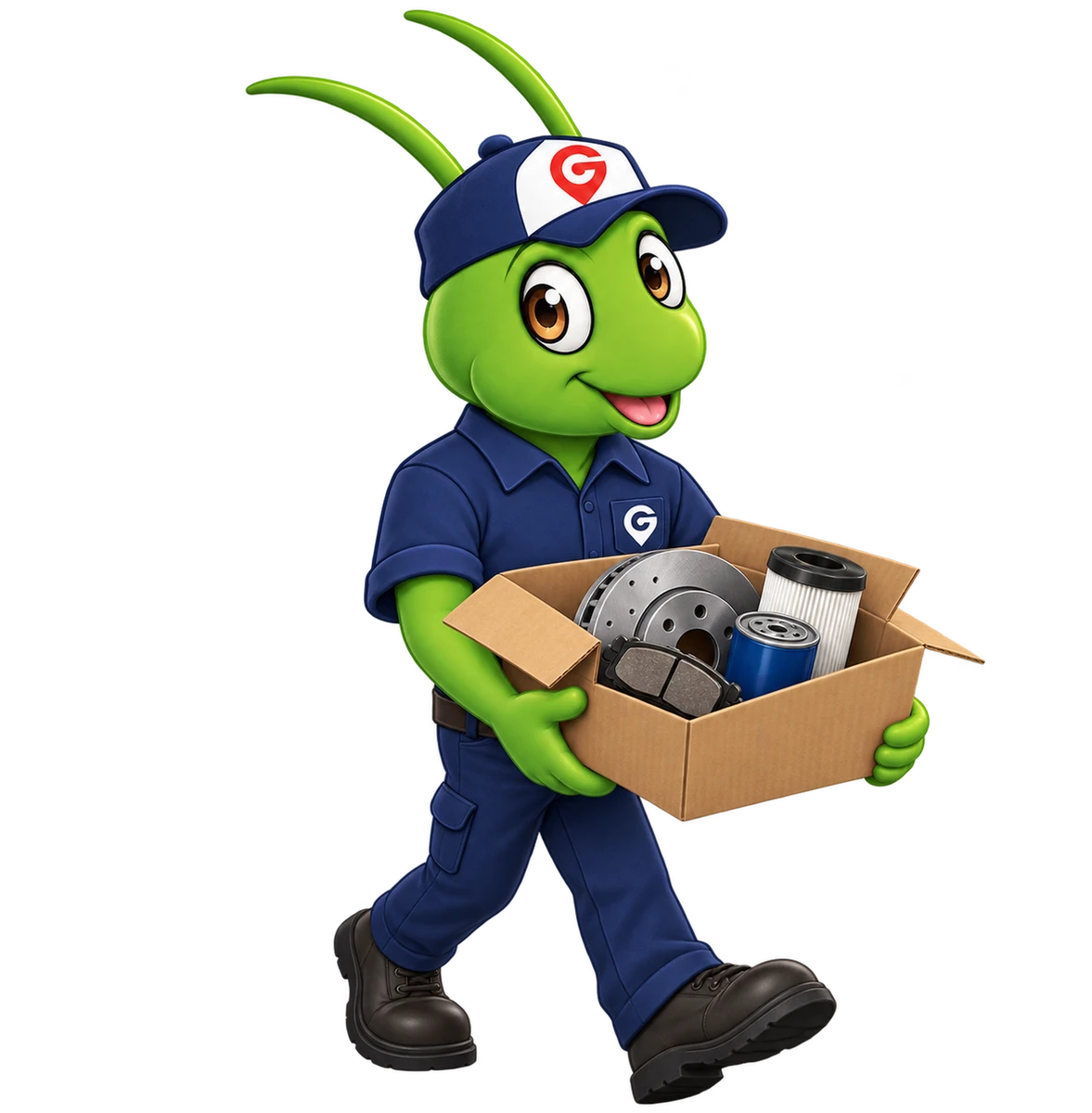 El Grillo con una caja de repuestos